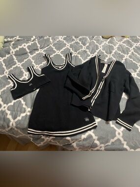 alo tennis club sweater set dress cardigan jacket crop bra top black SZ S
